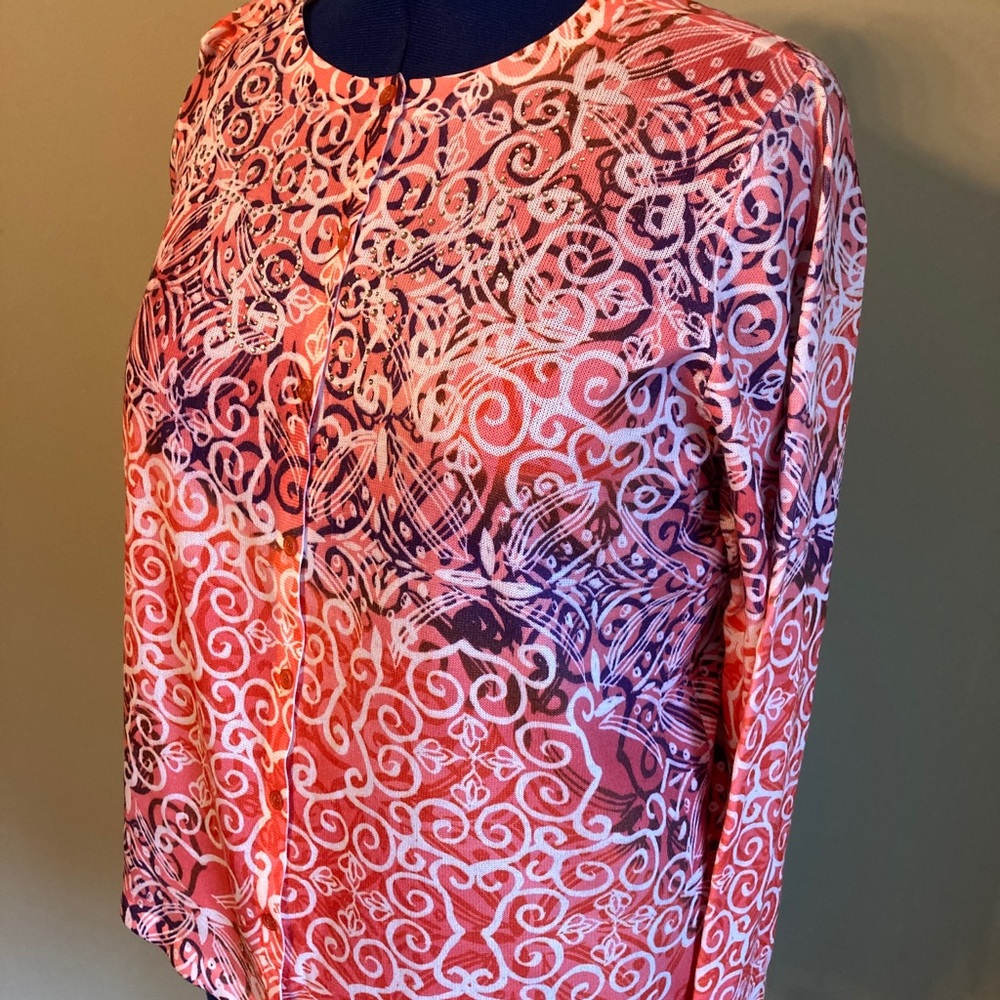Crazy, orange pink cardigan with swirls & sparkle